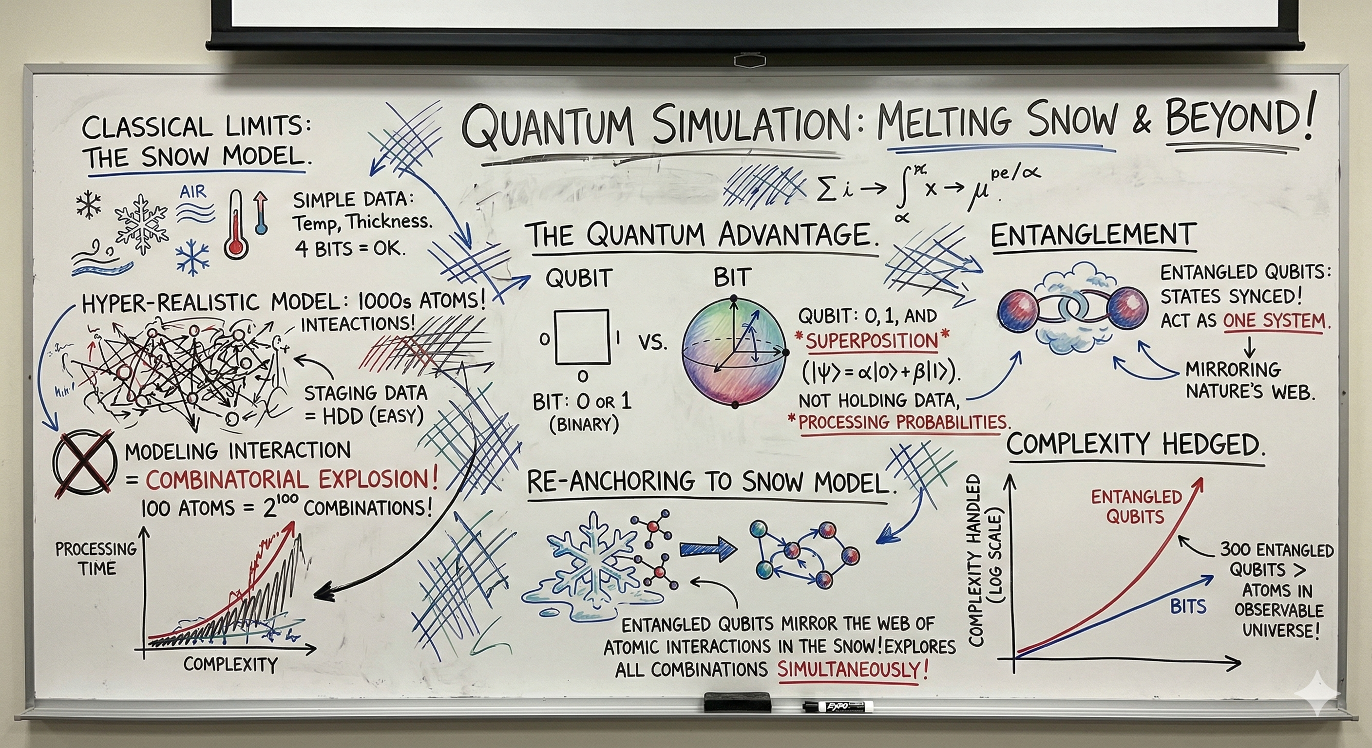 Whiteboard drawing explaining a quantum simulation of melting snow